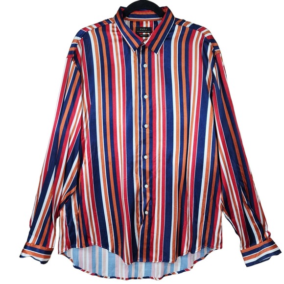 Zara Relaxed Fit Button Front Shirt XL Men Striped Blue Red Orange White Silky - Picture 1 of 12